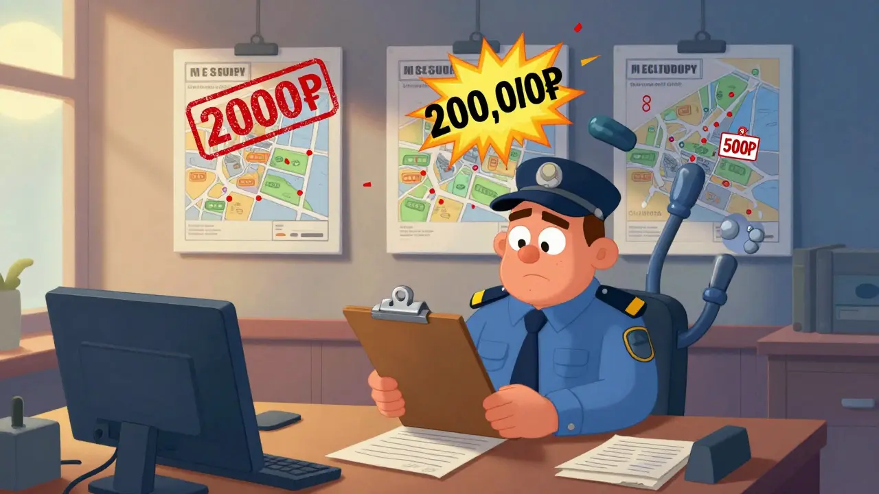 Бюрократ в офисе смотрит на карты с разными штрафами за шум в разных городах.