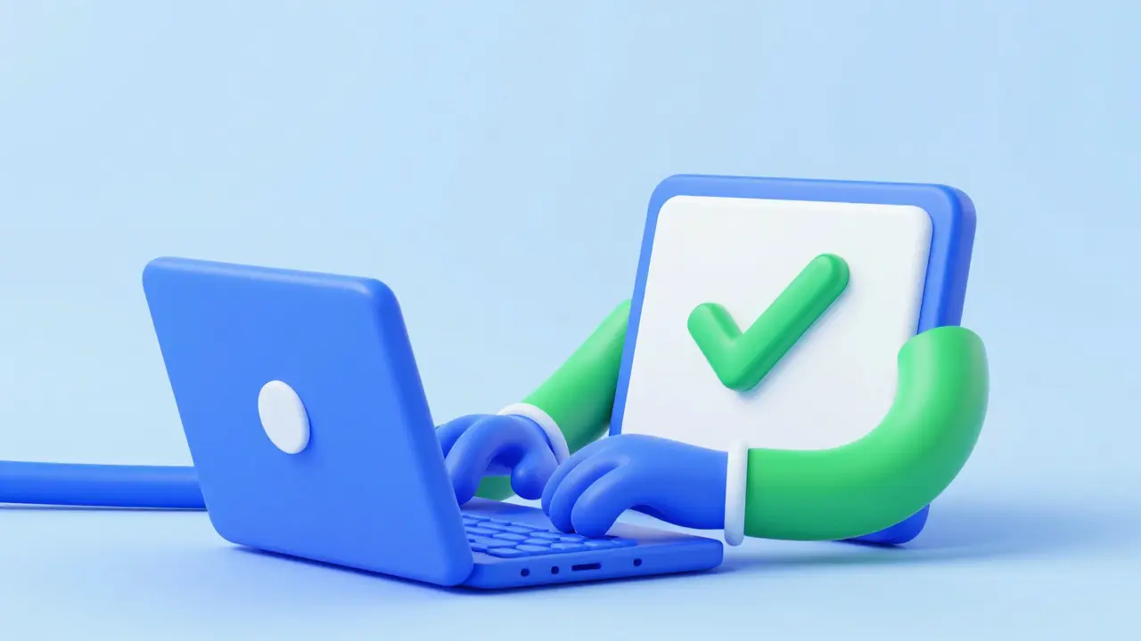 Человек подает документы через Госуслуги на ноутбуке с галочкой.