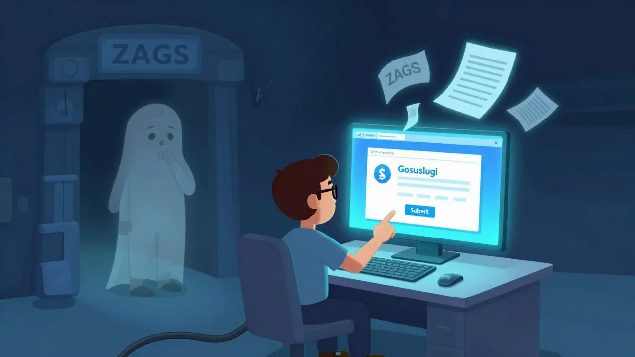 Человек подает заявление на развод через Госуслуги, а его супруг издалека одобряюще кивает.