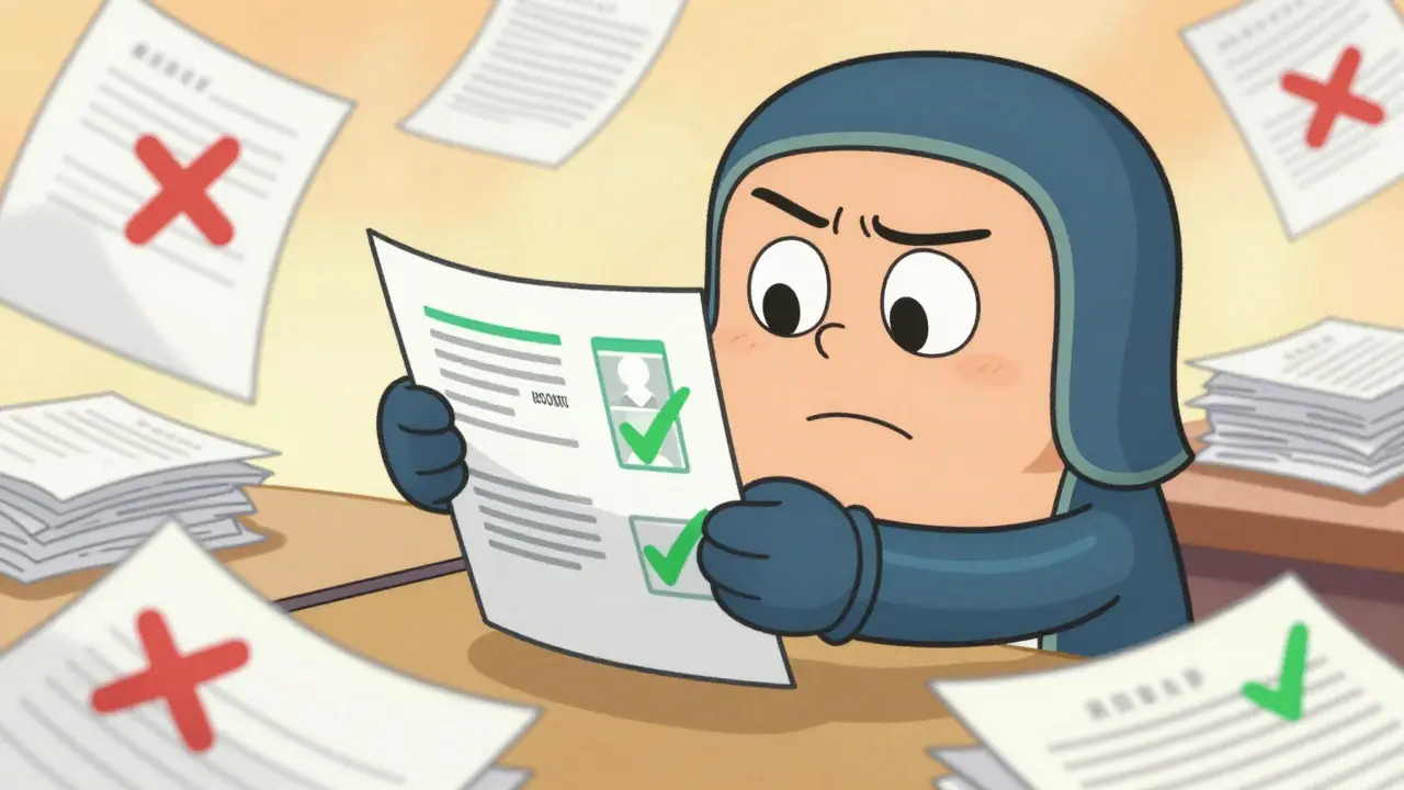 Человек сортирует документы, некоторые с несоответствующими данными.