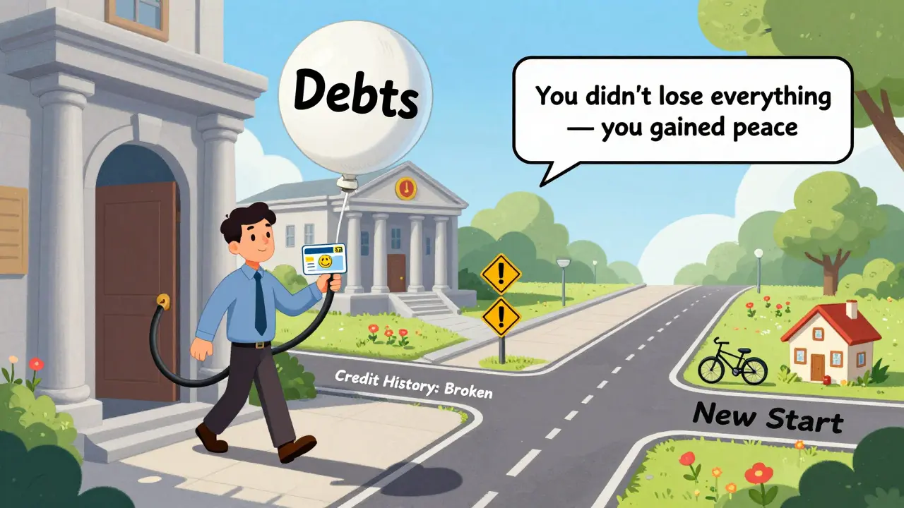 Человек выходит из суда, его тень исчезла, перед ним — дорога к новому началу, а долг превратился в воздушный шар.