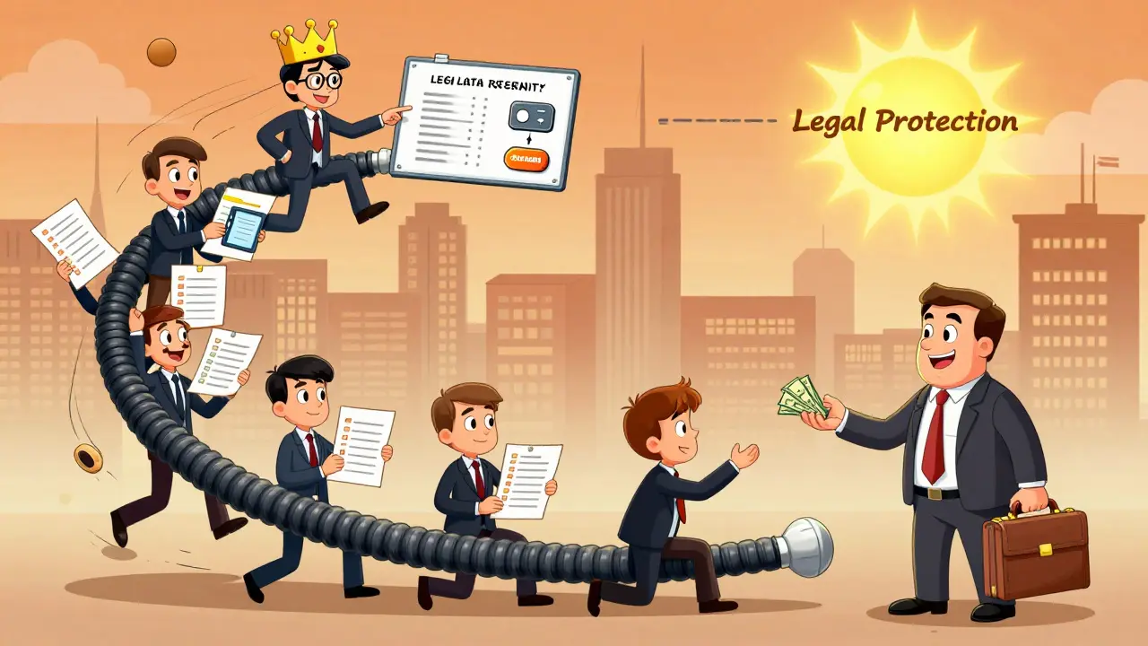 Цепочка ответственности от генерального директора до сотрудника, который отвергает взятку, с элементами обучения и анонимной жалобы.