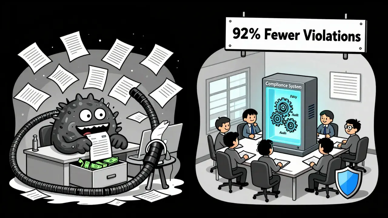 До и после внедрения комплаенса: хаос с монстром коррупции слева и упорядоченный, защищённый офис справа.