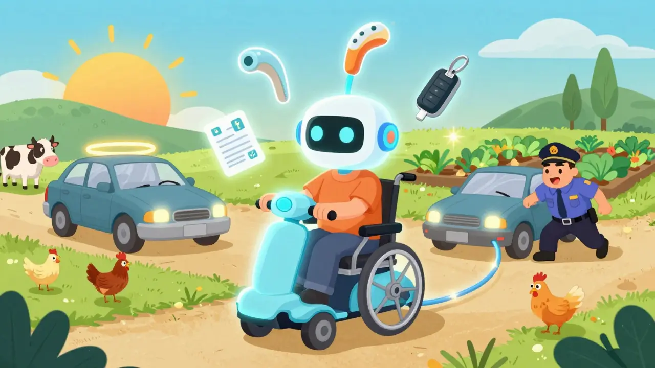Инвалид с мобильным скутером и медицинскими устройствами, рядом — защищённый автомобиль и сельское хозяйство.