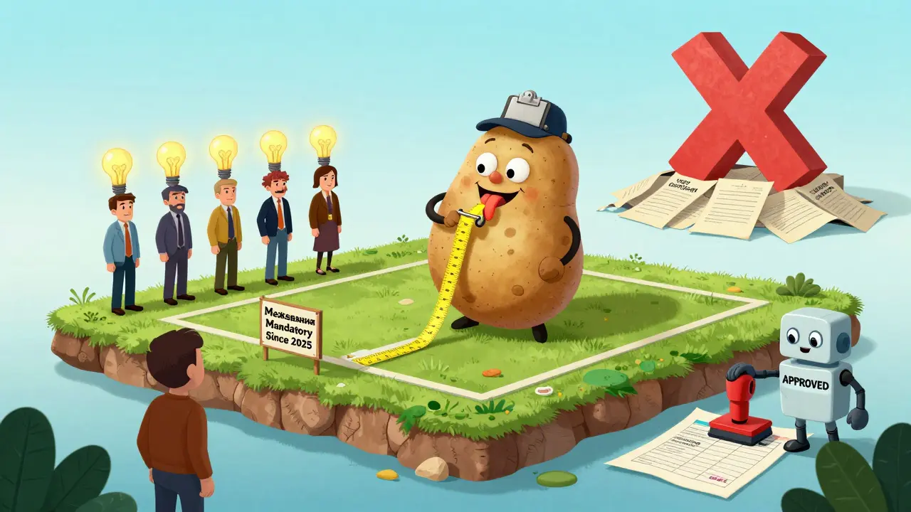 Инженер с измерительной лентой рисует границы земельного участка, соседи спорят, а робот ставит печать 'ОДОБРЕНО'.