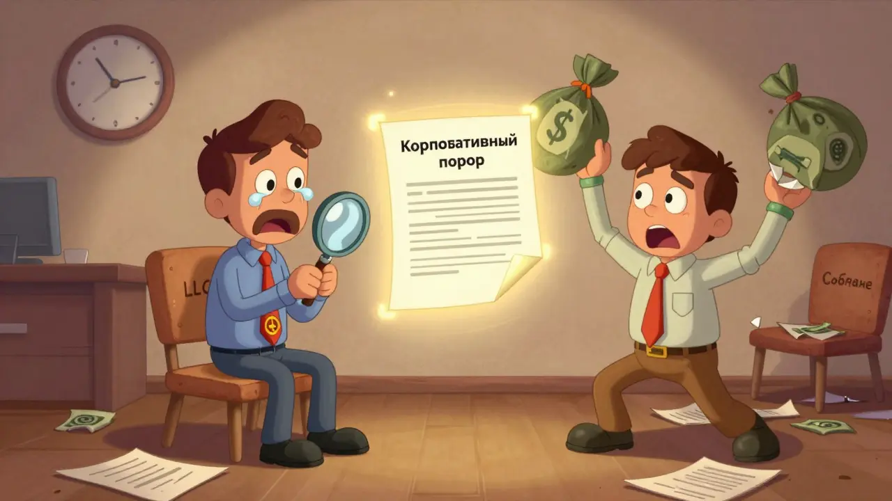 Медиатор помогает участникам ООО заключить корпоративный договор, между ними всплывает светящийся документ.