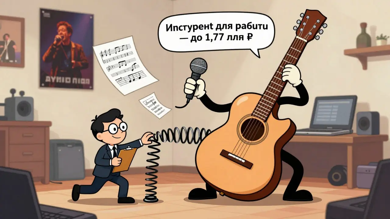 Музыкант с гитарой, которую не могут забрать, рядом — ноутбук и микрофон, финансовый управляющий отталкивается пружиной.