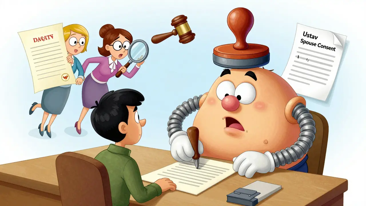 Нотариус с гигантской печатью на голове печатает договор, рядом — супруг с документами и угрожающий молоток.