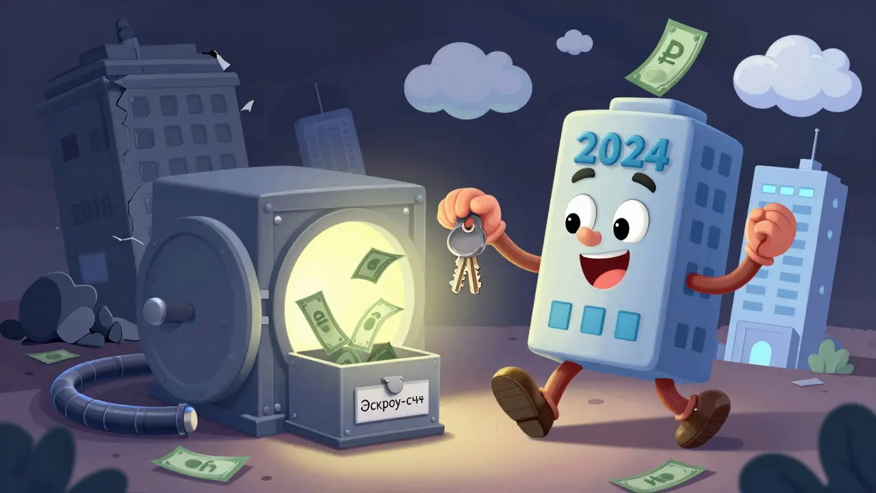 Покупатель получает ключи от дома, деньги выходят из заблокированного банковского счета.