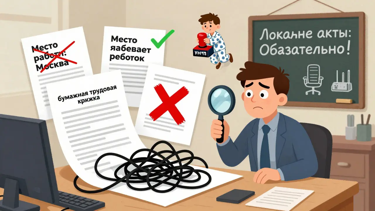 Работодатель смотрит на три версии трудового договора, одна из которых правильно указывает место работы.