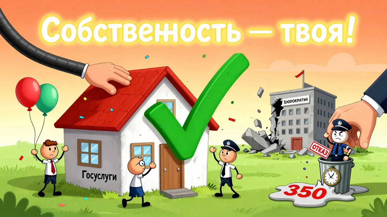 Семья празднует, когда огромная галочка подтверждает право собственности, а бюрократ с печатью 'отказ' летит в мусорку.