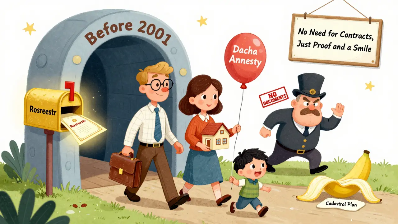Семья проходит через портал 'Дачная амнистия', получая золотой сертификат, пока чиновник с штампом 'НЕТ ДОКУМЕНТОВ' поскользнулся.