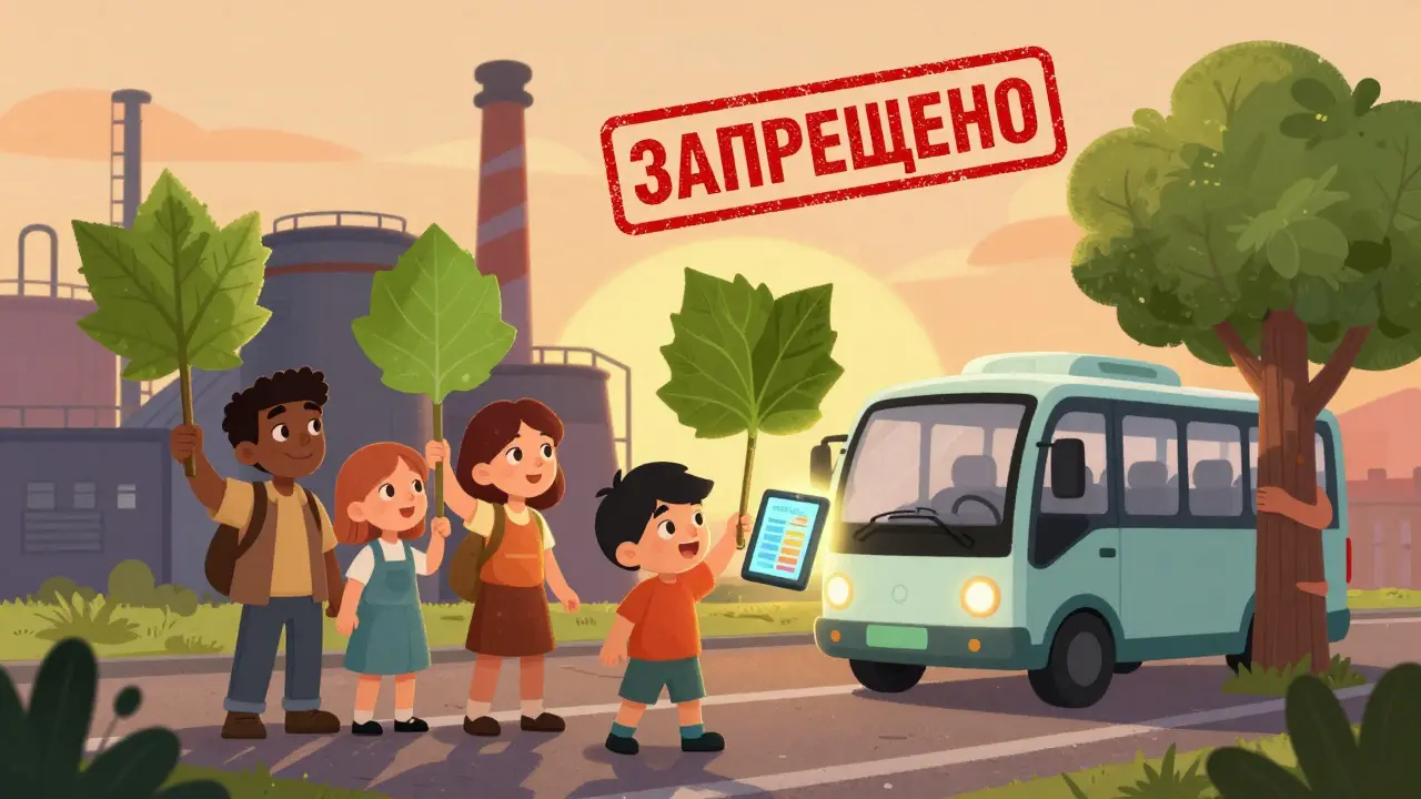 Семья протестует против загрязнения, показывая данные качества воздуха на планшете.