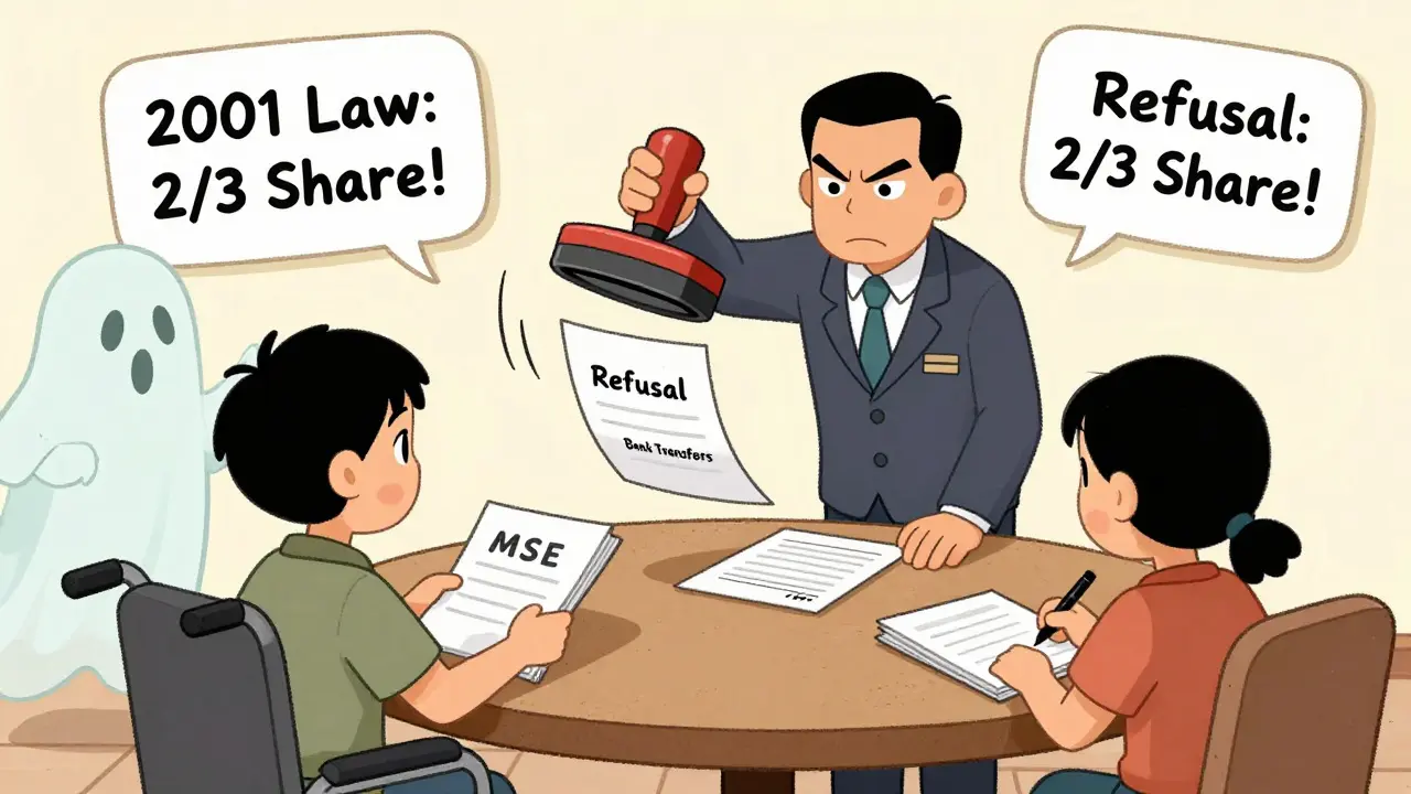 Семейная встреча: инвалид предъявляет документы, нотариус готовит штамп, за спиной — призрак наследодателя.