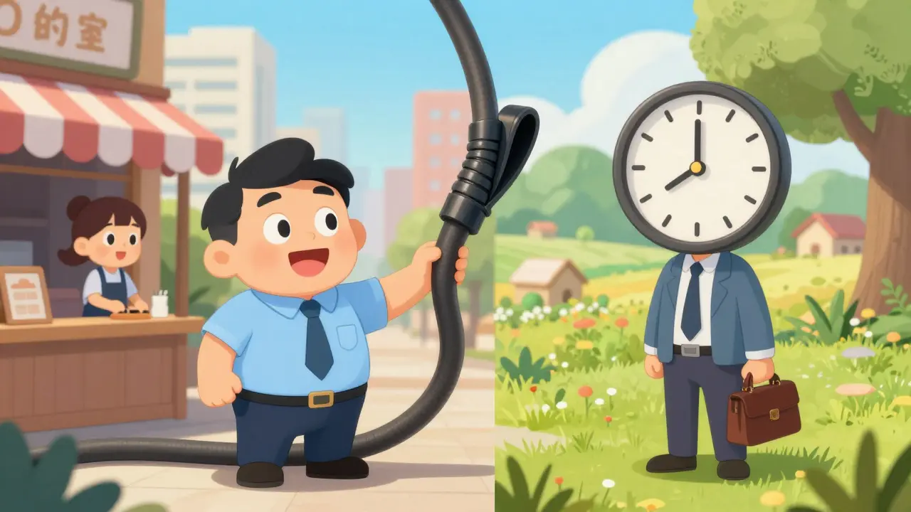 Солнечный город с довольным предпринимателем и сельская область с озабоченным человеком.