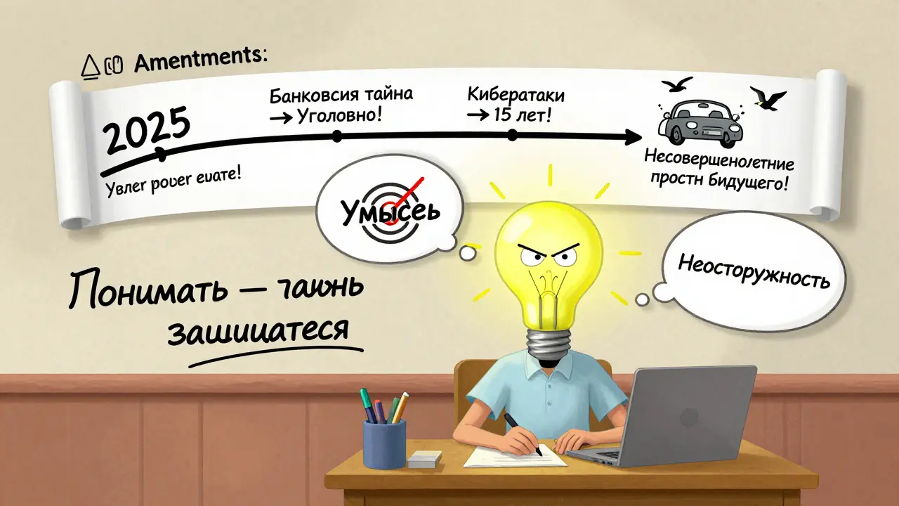 Студент с мыслями об умысле и неосторожности, вокруг — анимированные поправки УК РФ 2025 года.