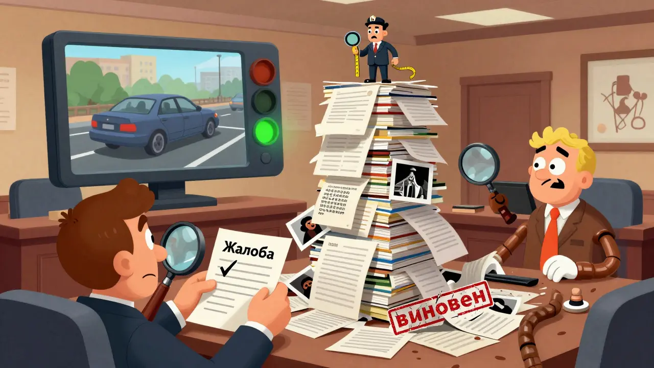 Судья рассматривает видеозапись ДТП, вокруг — доказательства: фото, свидетели и эксперт.