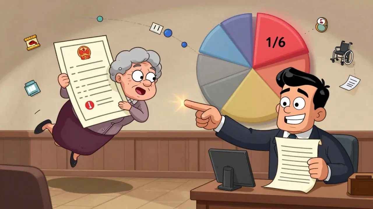 Судебное заседание: инвалид с медицинским документом против человека с завещанием, над ними — доля 1/6.