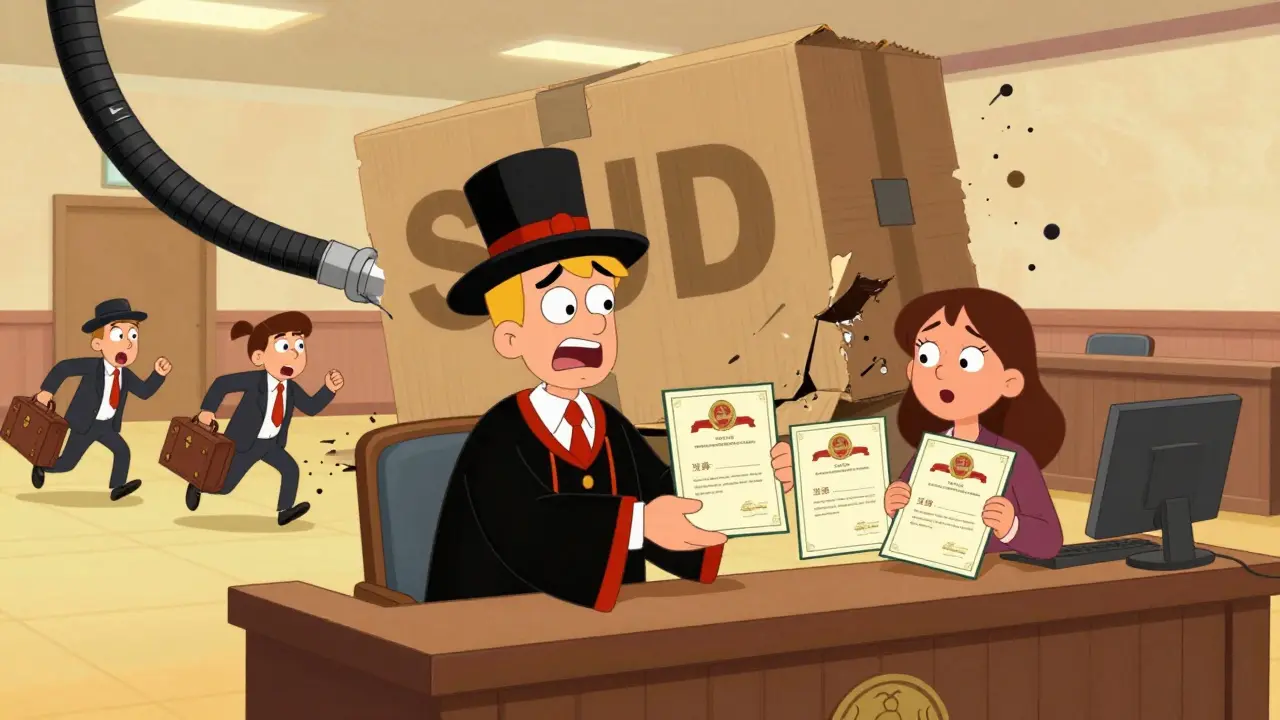 Судебный процесс превращается в смешную процедуру в ЗАГСе, где судья выдает свидетельства о разводе.