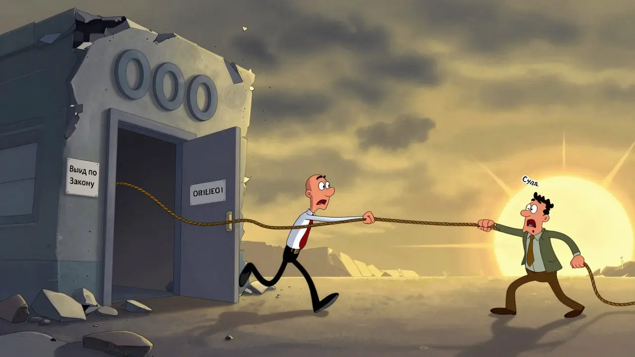 Участник ООО уходит из компании через дверь выхода, его бывший партнёр пытается его удержать.