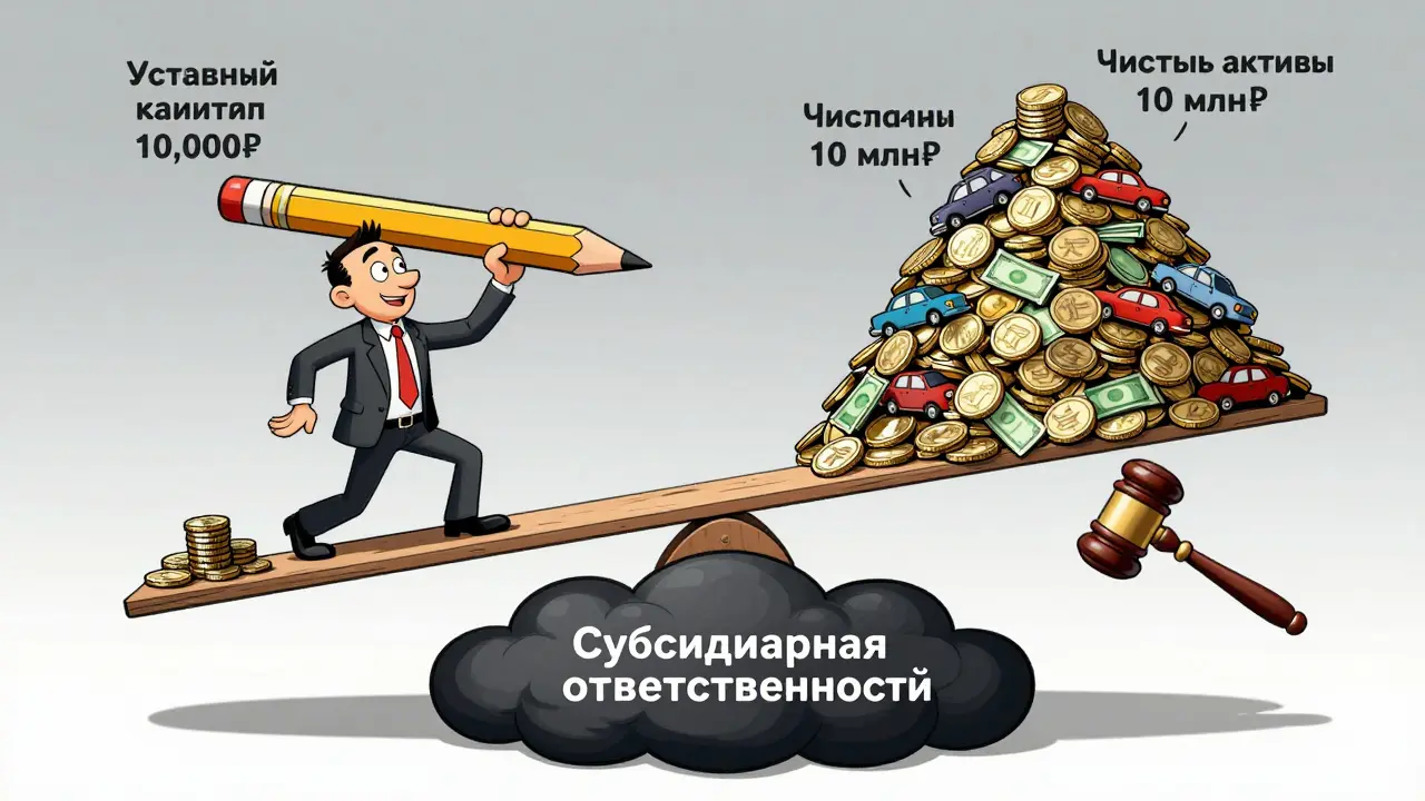 Весы баланса: маленький уставный капитал и огромные активы, над ними — угрожающая тень ответственности.