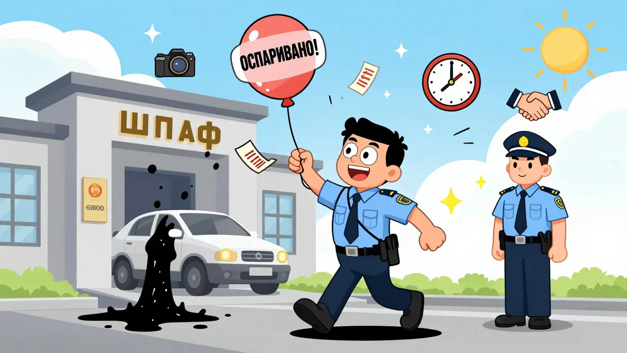 Водитель празднует победу, бросая штраф, инспектор тает в чернилах, над головой — символы справедливости.