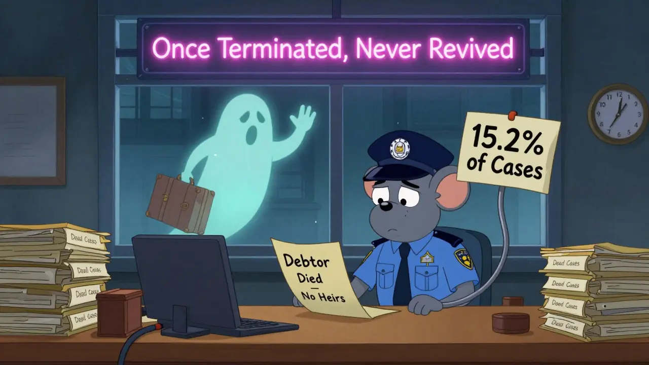 Архив с прекращёнными делами, один файл помечен 'Смерть должника — нет наследников'.