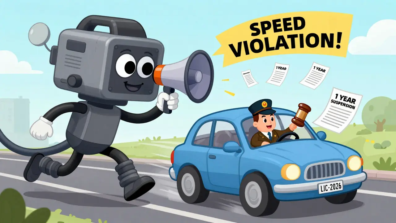 Автомобиль с номером LIC-2026 убегает от автоматической камеры, которая фиксирует превышение скорости.