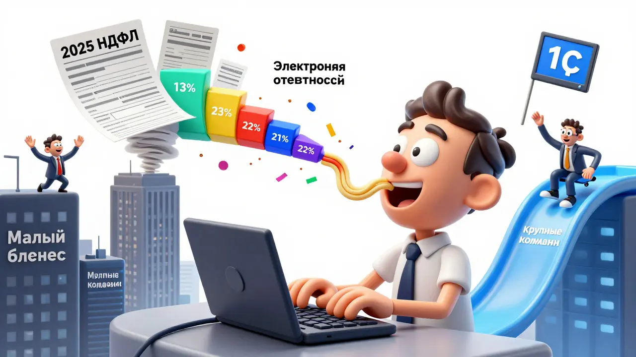 Бизнесмен в панике, окруженный вихрем налоговых форм 2025 года, с электронной отчетностью и программой 1С.