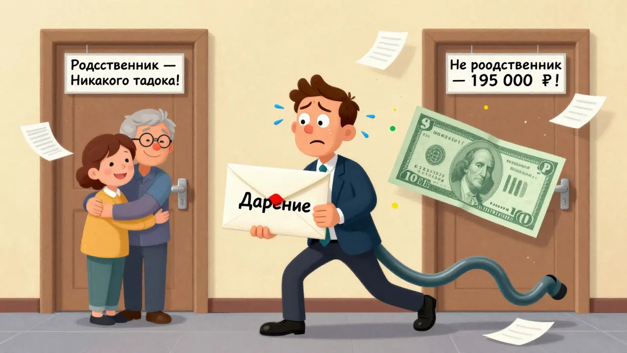 Человек между двумя дверями: одна — без налога для родственников, другая — с большим налогом.