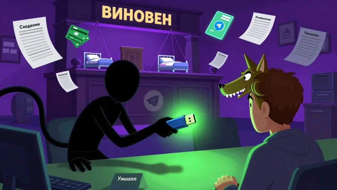 Человек передаёт вредоносную флешку другу, вокруг — символы банков, больниц и юридических документов.