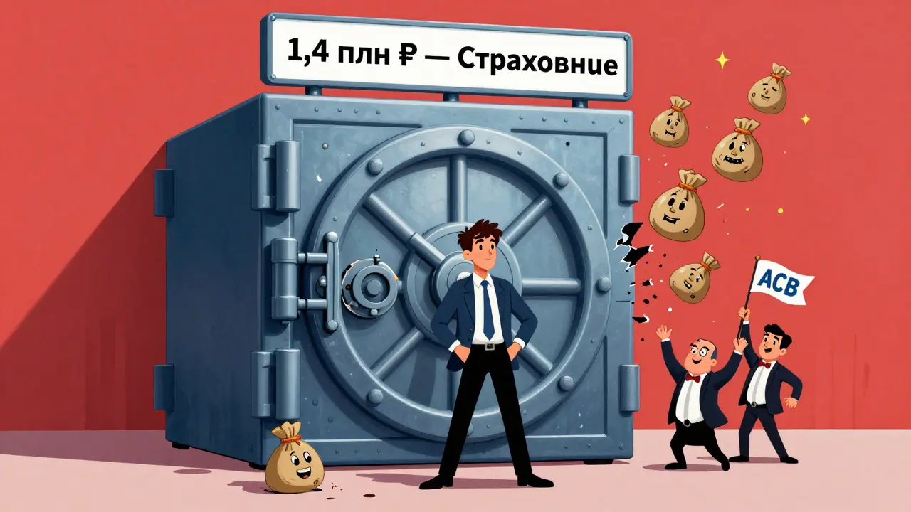 Человек стоит перед разрушенным банком, из которого выскакивают деньги под знаком '1,4 млн ₽ — Страхование'.