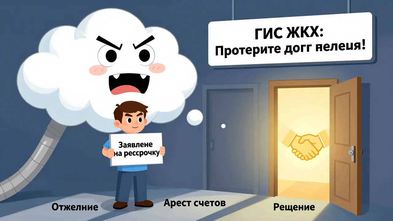 Человек стоит перед тремя путями: отключение, арест и решение — надпись 'ГИС ЖКХ' на фоне.