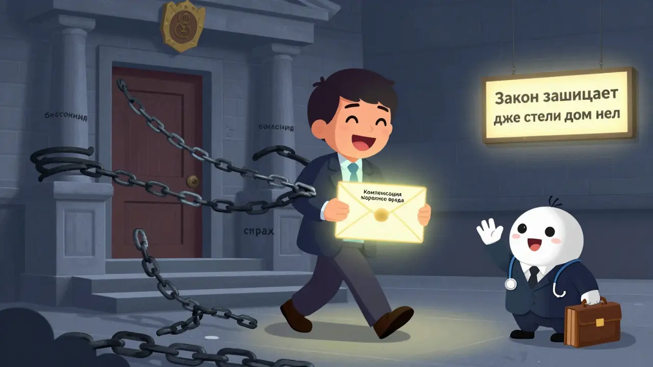 Человек выходит из суда с конвертом компенсации, а тяжёлые цепи стресса разрушаются вокруг.