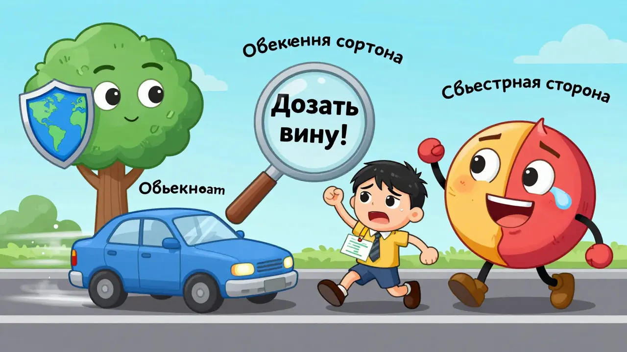 Четыре персонажа-элемента правонарушения танцуют вокруг лупы, символизируя необходимость доказать вину в стиле резиновой анимации.