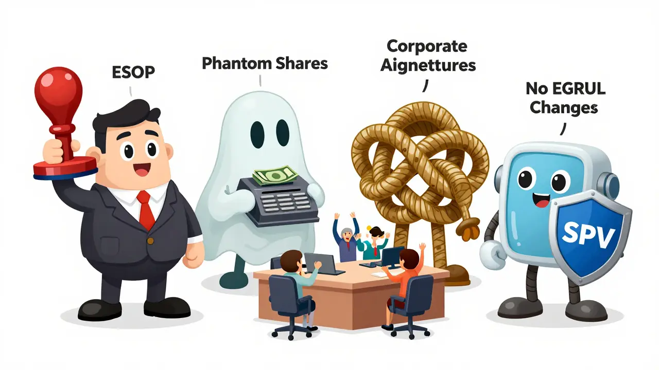 Четыре юридические модели представлены как персонажи: ESOP, Phantom Shares, корпоративный договор и SPV — все вокруг стартап-офиса.