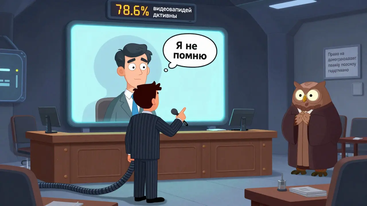 Дело 2026 года: подозреваемый с адвокатом перекрестно допрашивают свидетеля, на экране — запись показаний, всё под наблюдением судьи.