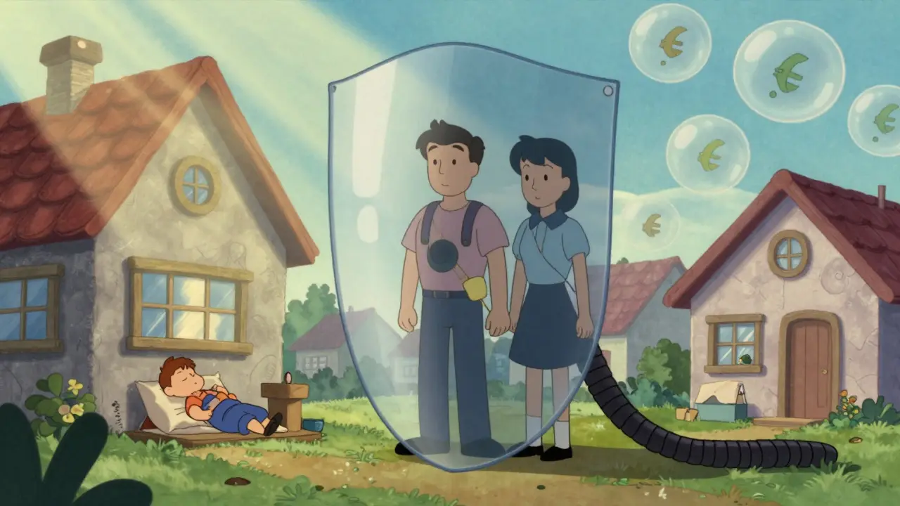 Дом под защитным щитом от ипотеки в ретро стиле рисовки.