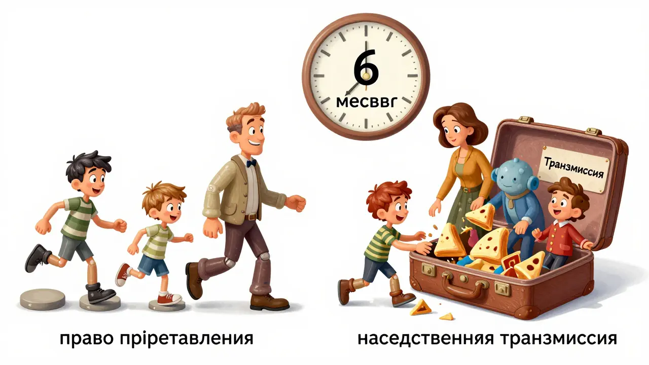 Две схемы наследования: слева — замещение поколений, справа — наследники умершего наследника тянутся к имуществу.