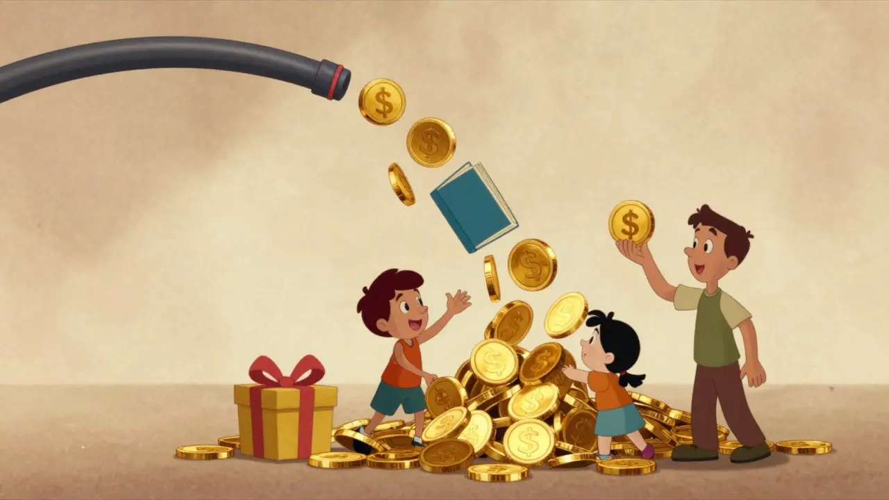 Монеты и подарки символизируют выплаты для многодетных родителей.