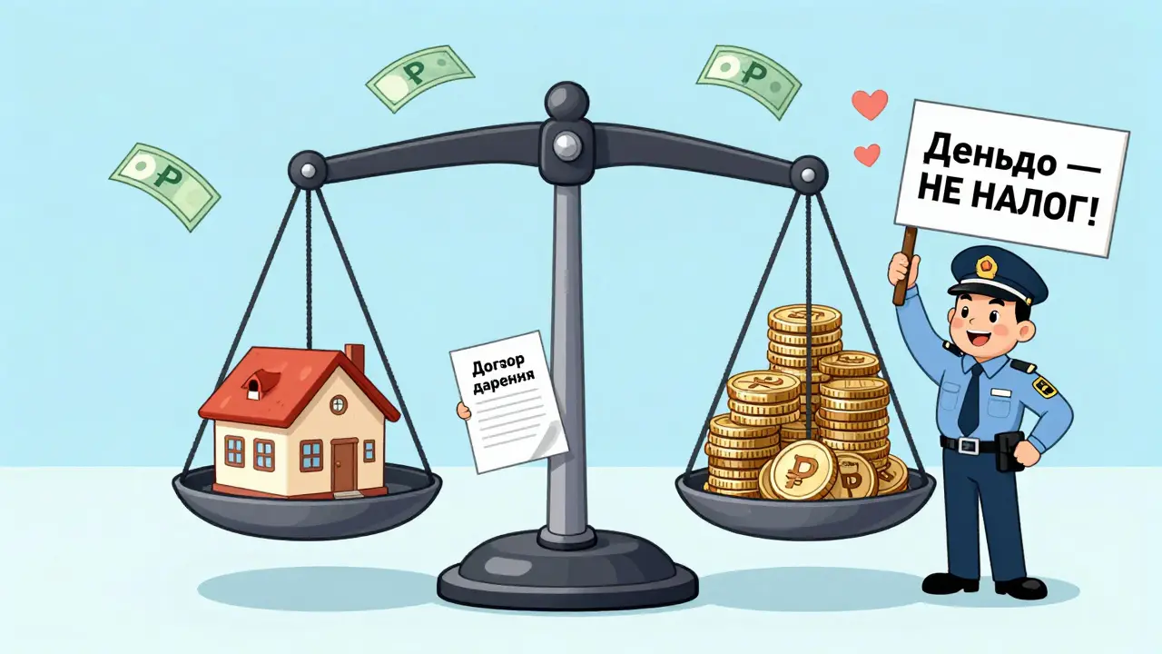На весах: дом и расходы на регистрацию, рядом надпись о том, что деньги в подарок — не облагаются налогом.