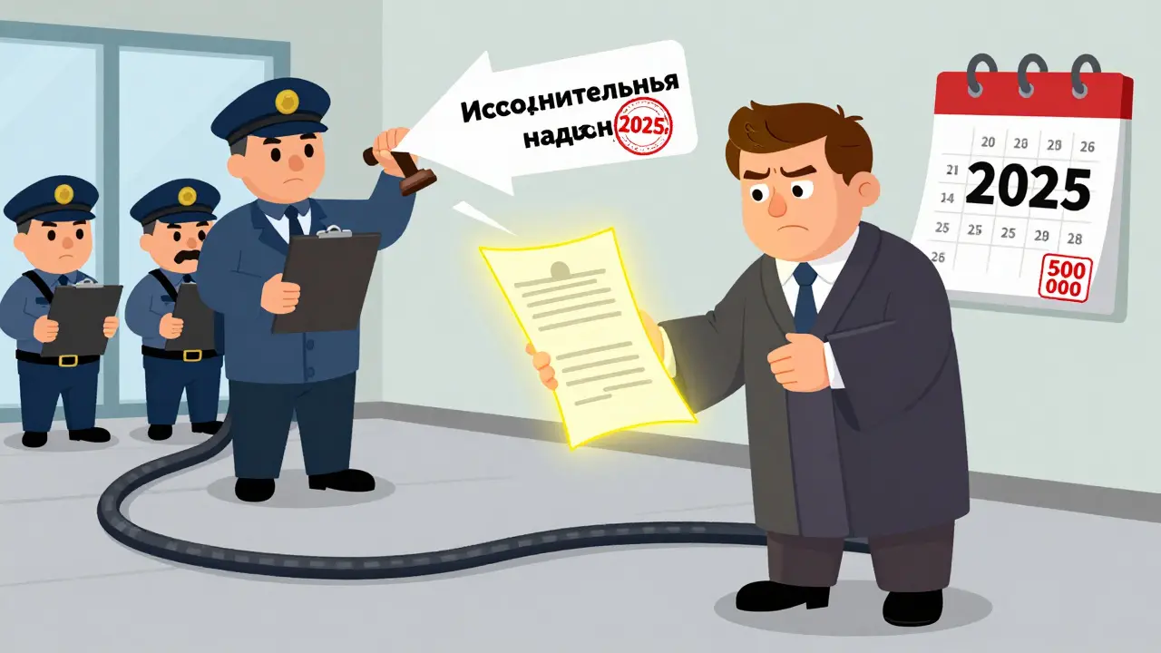 Нотариус печатает документ, который превращается в стрелу, летящую к приставам, на фоне календаря 2026 года.