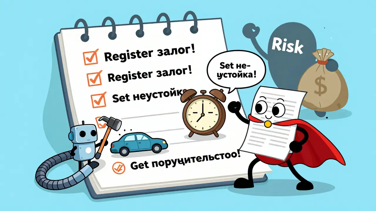 Плавающий чек-лист с персонифицированными элементами: регистрация залога, установка неустойки и получение поручительства.