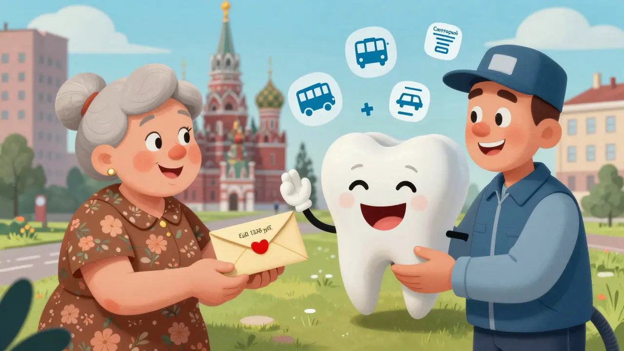 Пожилая женщина получает деньги, а мужчина — зубные протезы, вокруг — льготы на транспорт и ЖКХ.
