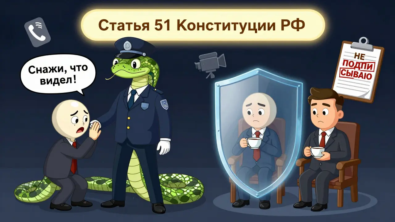 Разделённая сцена: один человек под давлением и другой — под защитой закона, с символами права молчать и видеозаписи.