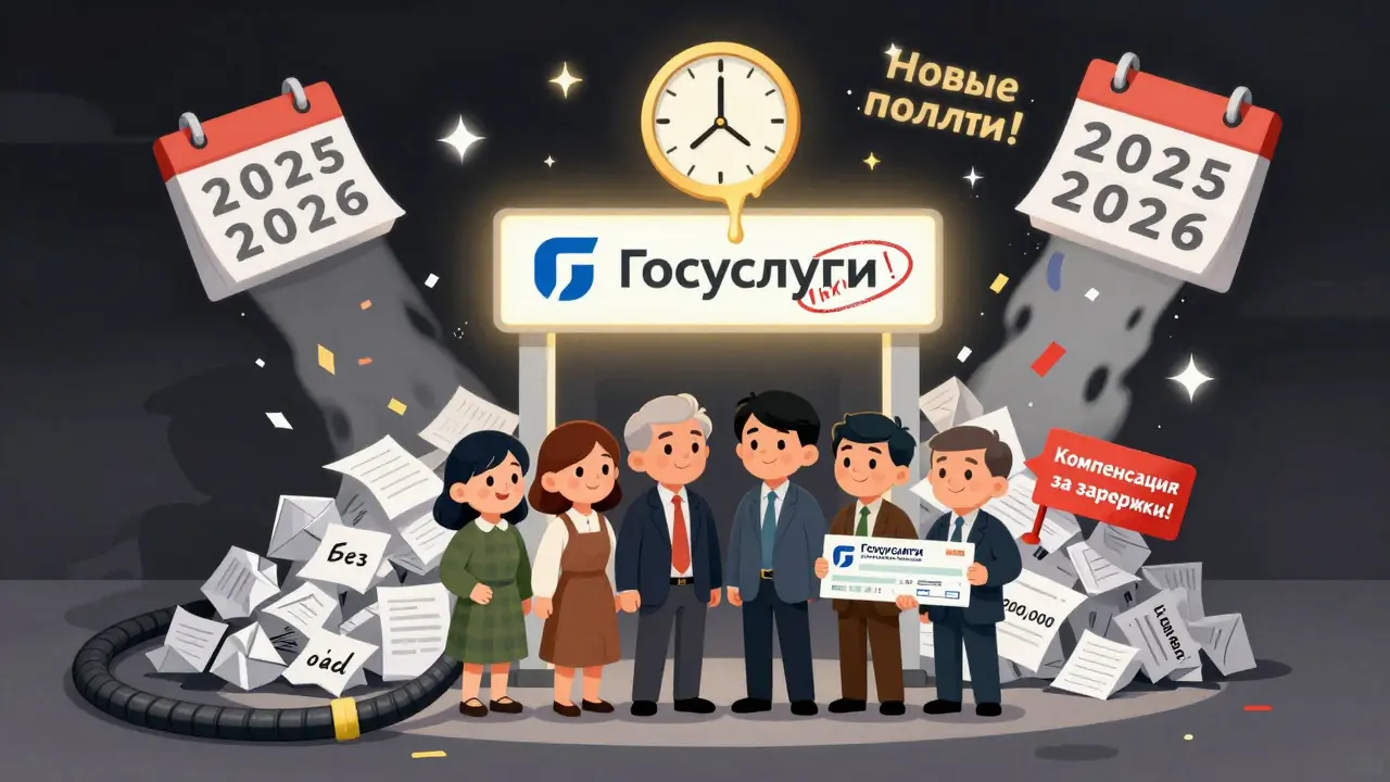 Семья перед порталом 'Госуслуги', за ними разваливаются бумажные ошибки, надпись 'Новые правила!' и компенсация.