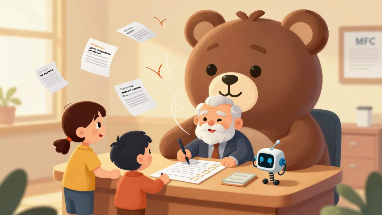 Семья помогает ветерану заполнять документы в улыбающемся МФЦ, бумаги летят как птицы.