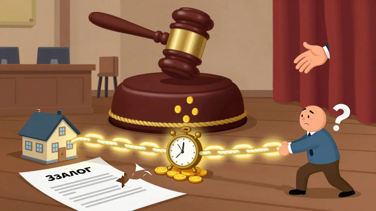 Сломанный договор удерживается тремя светящимися цепями, символизирующими залог, неустойку и поручительство, в суде.