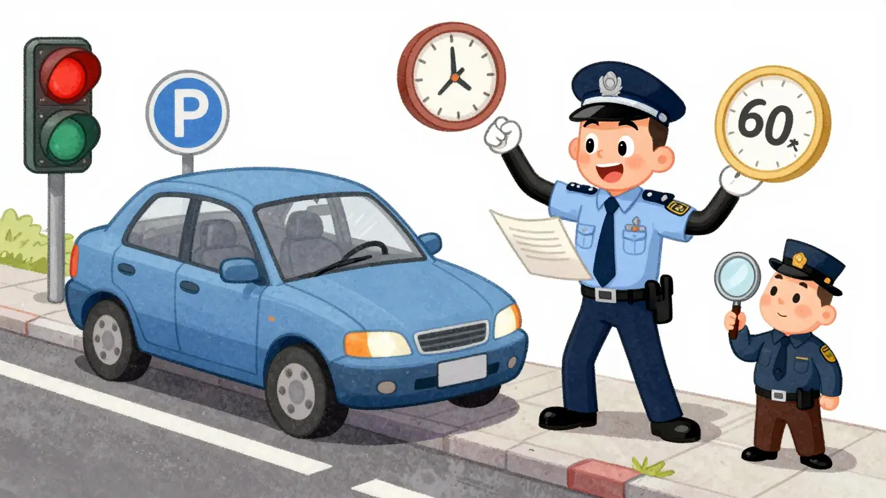 Смешной инспектор пишет протокол за парковку на тротуаре, вокруг — символы нарушения и срок оплаты в стиле резиновой анимации.