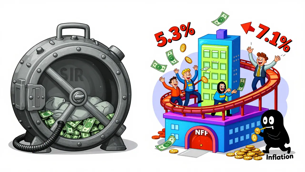 Сравнение скучного СФР и яркого НПФ с инвестициями, ростом и инфляцией, изображённое в стиле резиновой шланговой анимации.